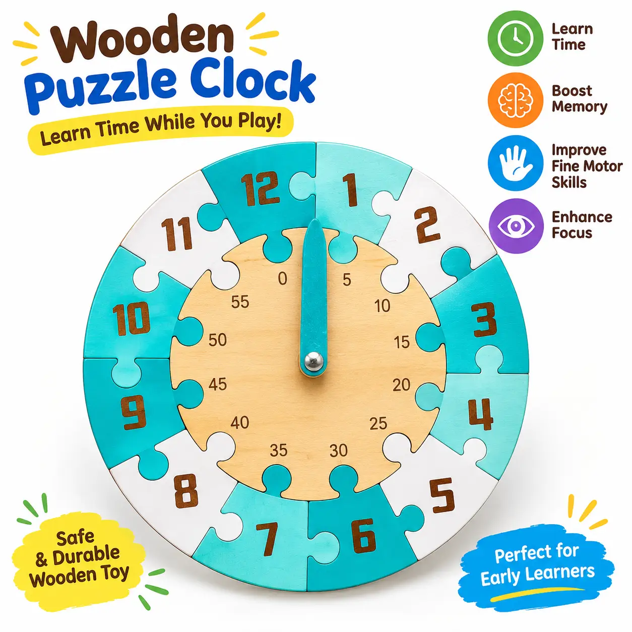 Wooden Number & Clock Learning Puzzle Set.