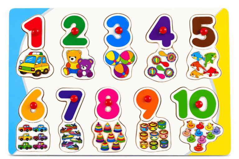Wooden Number Puzzle 1-10 for Kids with colorful numbers and counting illustrations